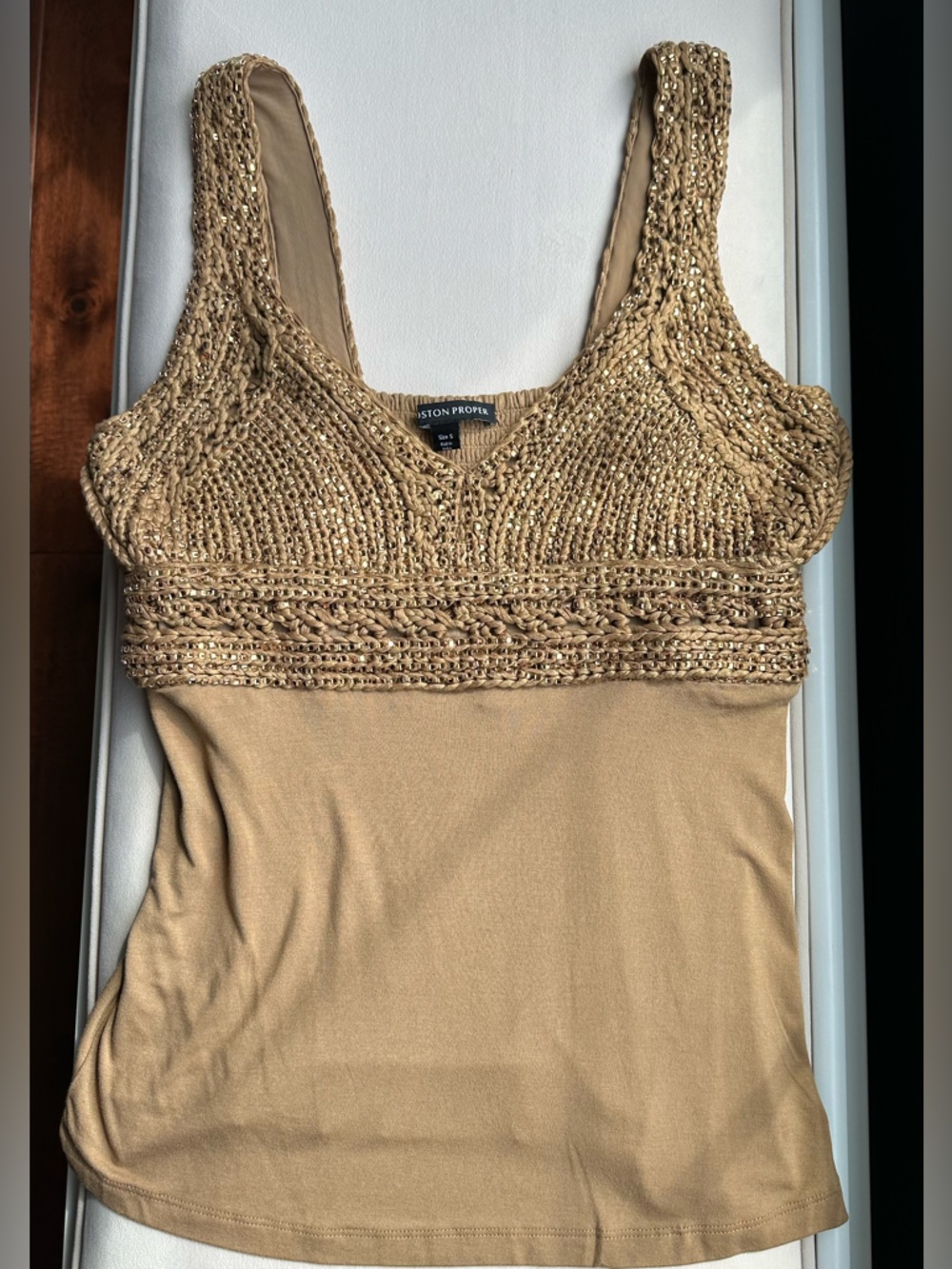 Boston Proper Gold Crochet-Trim Sequined Tank Top NWOT